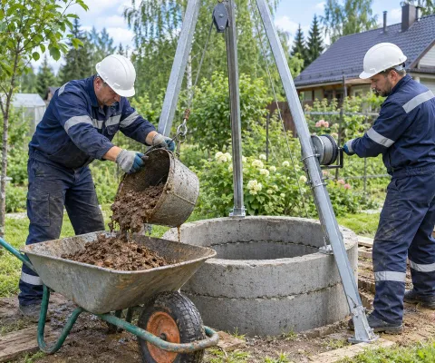 Подъём грунта из колодца треногой с лебёдкой